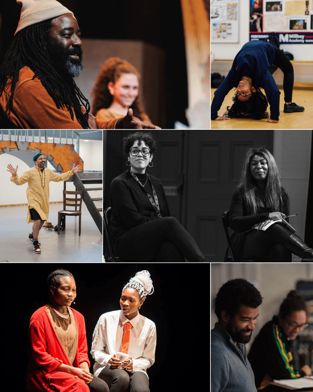 A grid of images showing different people acting on stage, in rehearsals and on panel talks
