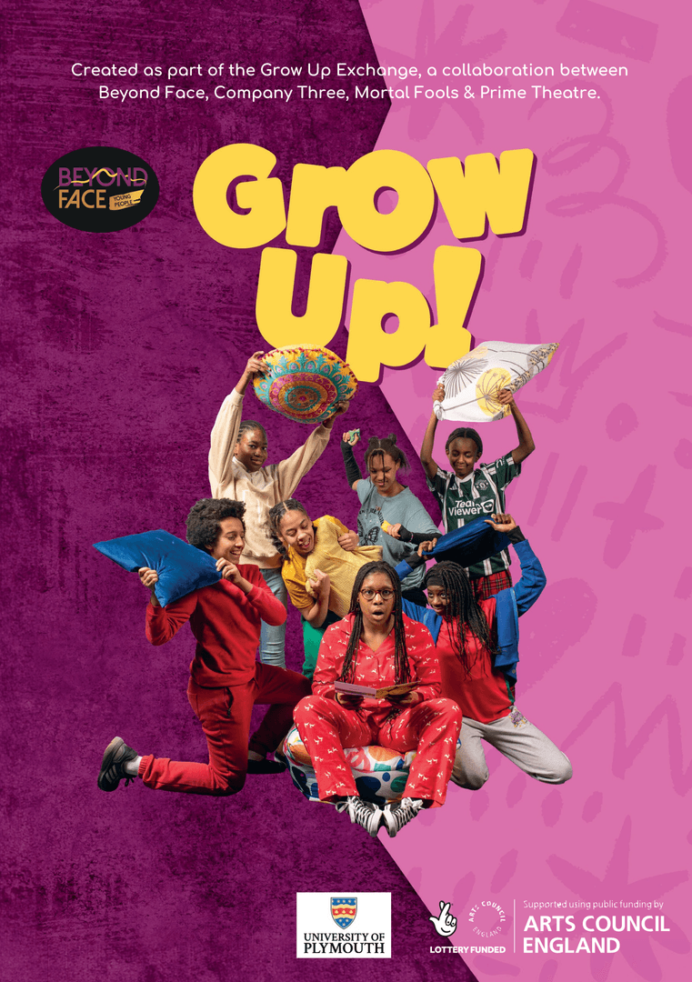 A vibrant promotional poster for "Grow Up!" featuring a group of diverse young performers in dynamic poses, holding various props. The background is purple with playful graphics, and the text prominently displays the title. Logos of sponsor organizations are at the bottom.