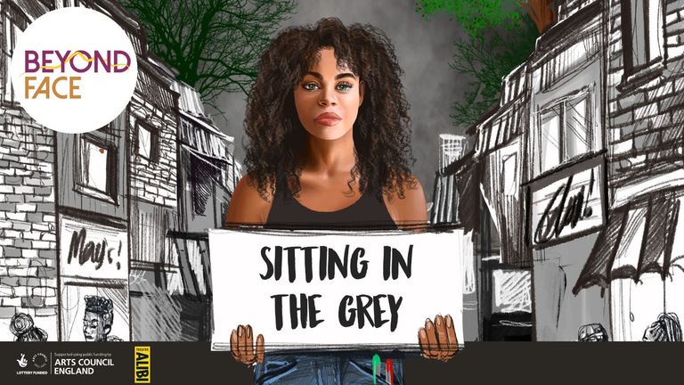 An illustration of a young girl with tanned skin and brown curly hair, she stands holding a sign saying "Sitting in the Grey" the background is of a town with lots of trees