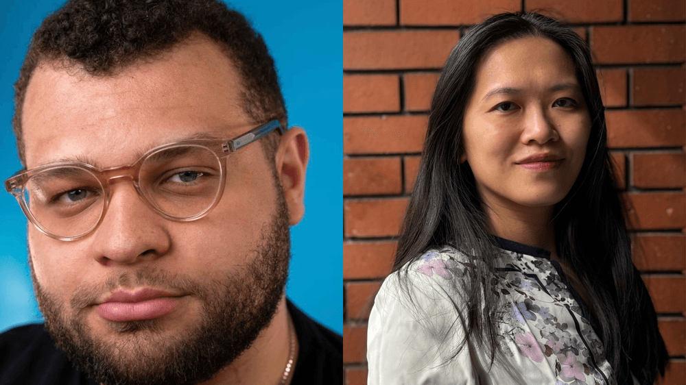 Portrait of writer and director Robert Furey and portrait of playwright Mei Leng Yew