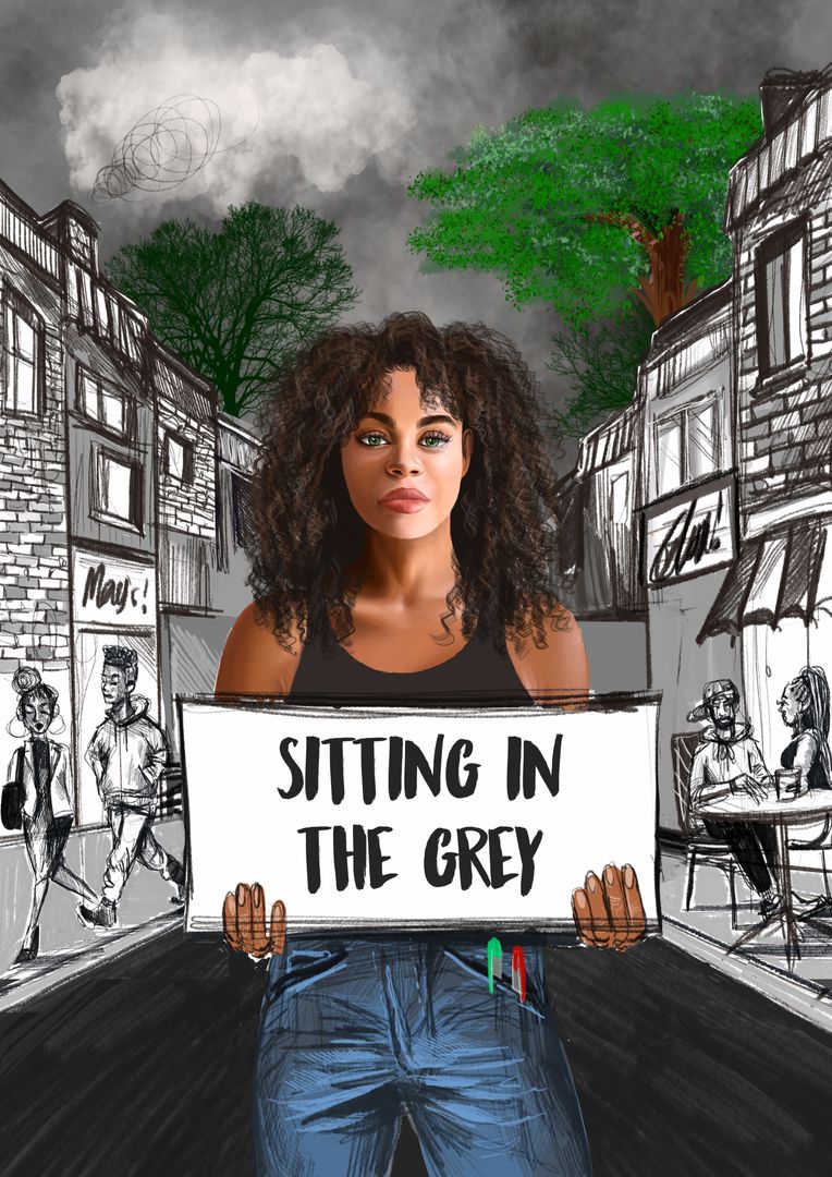 Illustration of a young person of color holding a sign that says 'sitting in the grey'