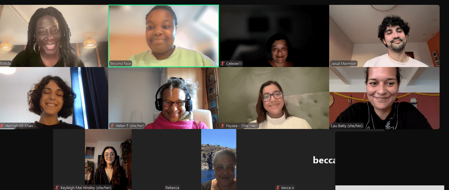 A group of people are in a zoom call. The image shows their individual screens, they are a a mix of ages and races.