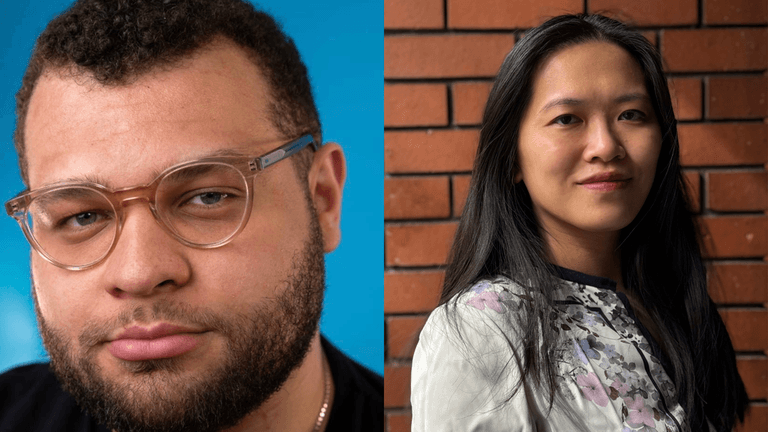 Portrait of writer and director Robert Furey and portrait of playwright Mei Leng Yew